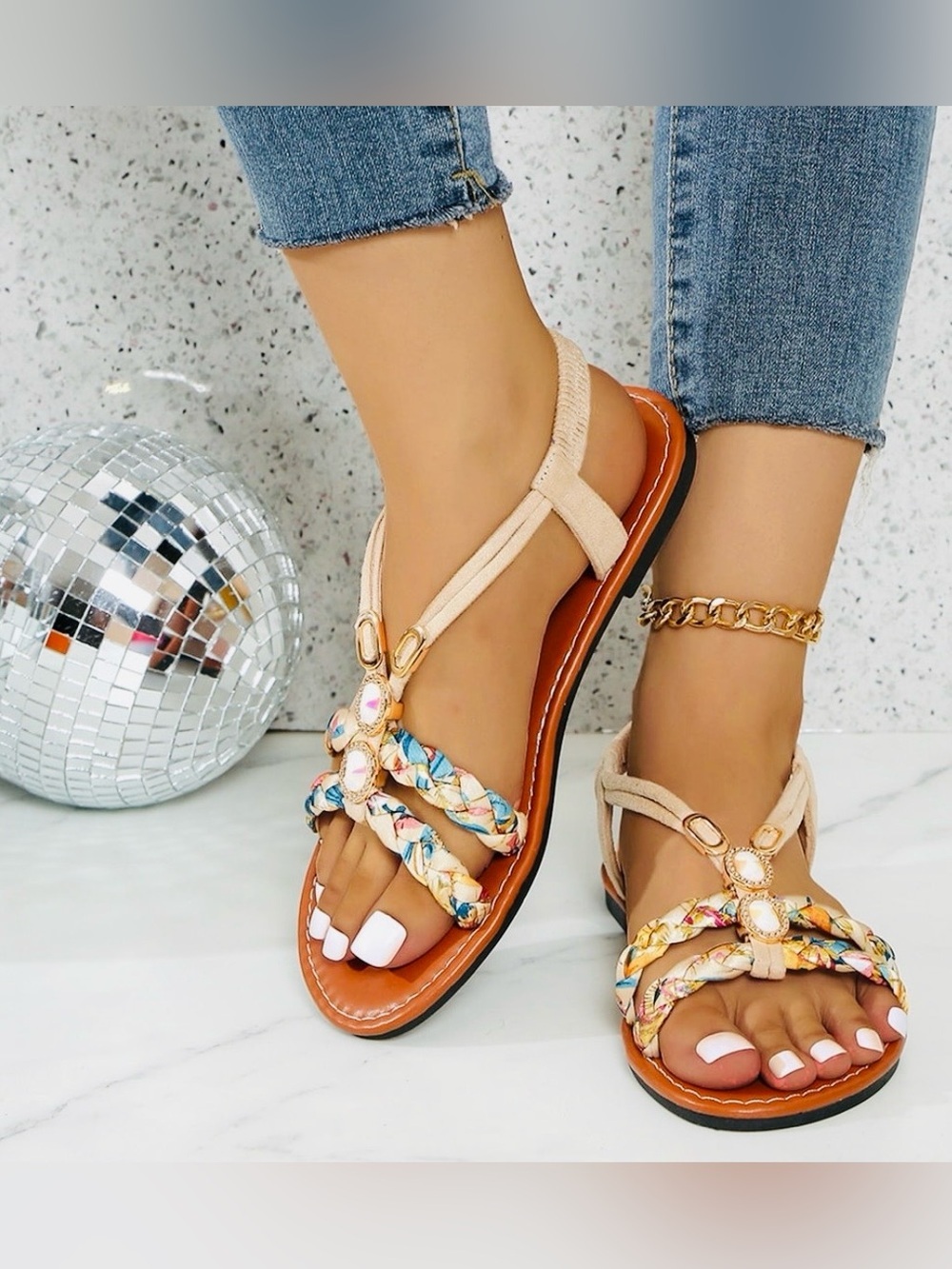 Braided Beige Multi-Color T-Strap Rope & Stones Sandals - Woman